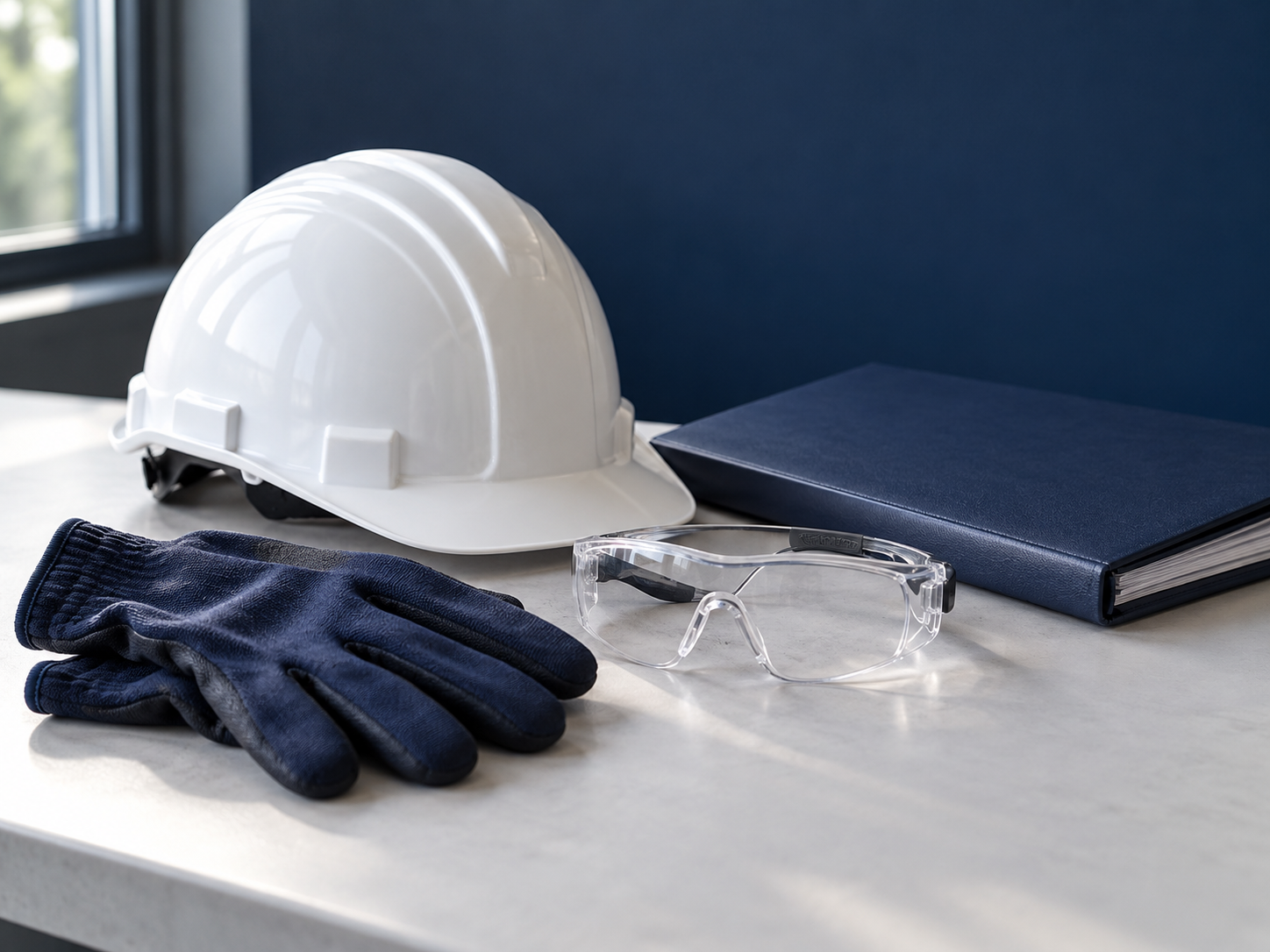 Casco, occhiali e guanti di protezione su un piano di lavoro